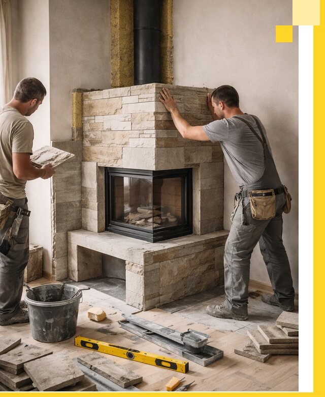 Угловые камины под ключ проект, монтаж и отделка в Кушве